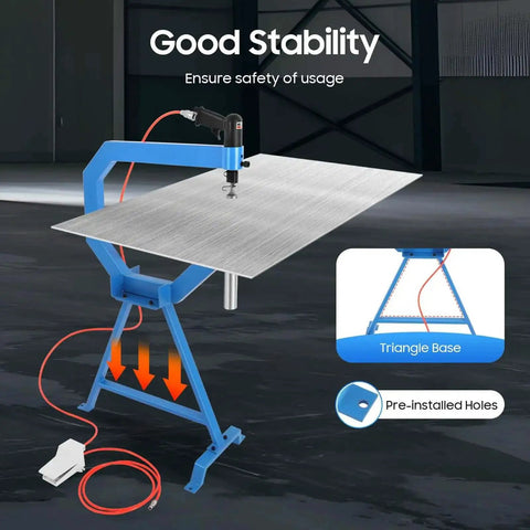Planishing Hammer 4 Inch Pneumatic Metal Shaping Machine with adjustable anvils, cast iron stand, triangle base, foot pedal in industrial setting