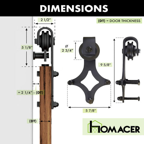 Dimensions of Black Rustic Non Bypass Sliding or Hardware Kit For Two Doors with 14ft Flat Track And Diamond Design Rollers.