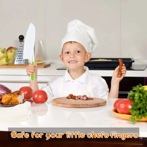 Child chef holding knife from 8 Piece Wooden Kids Kitchen Knife Set For Real Cooking Including 4 Plastic Toddler Safe Knives in kitchen