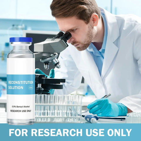 Reconstitution solution bottle, 30 mL, premium glass vial with blue cap, labeled 0.9% Benzyl Alcohol for research use