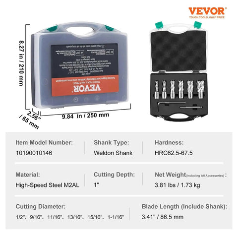 Premium Magnetic Drill Annular Cutter Set With Six Pieces Weldon Shank Bits for 1 Inch Cutting Depth, VEVOR Compatible in case
