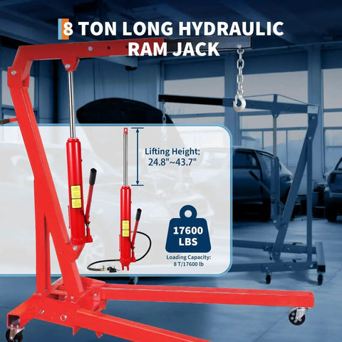 8 Ton Hydraulic Engine Hoist Cylinder With Clevis Base And Air Pump For Lifts in red, showing lifting height and capacity.