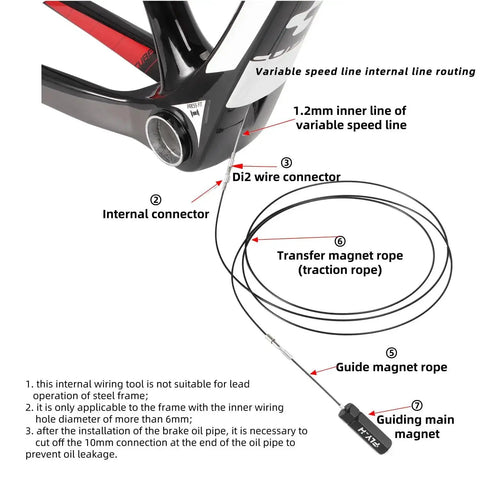 Bicycle internal cable routing tool kit with Di2 wire connectors and magnet rope on a black frame