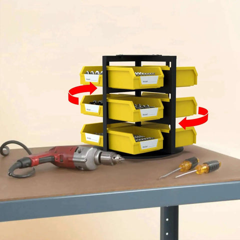 Rotating 12 Bin Tool Organizer For Nuts Bolts And Small Parts, Easy Access Lid Free Storage Rack On Workbench