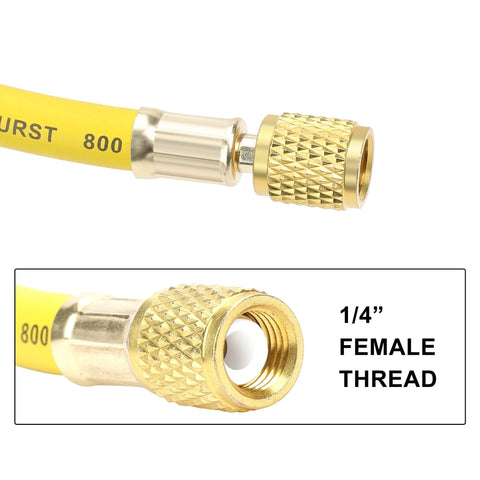 Hromee AC refrigerant hose, 60-inch yellow hose with 1/4-inch SAE flare brass fittings

Hromee refrigerant hose close-up, 1/4-inch female thread brass knurled fitting