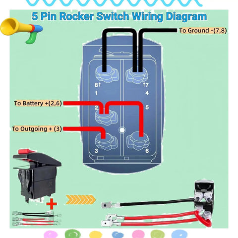 Front view of a Carling-style safety lock rocker switch with 5-pin wiring diagram and red/black jumper wires