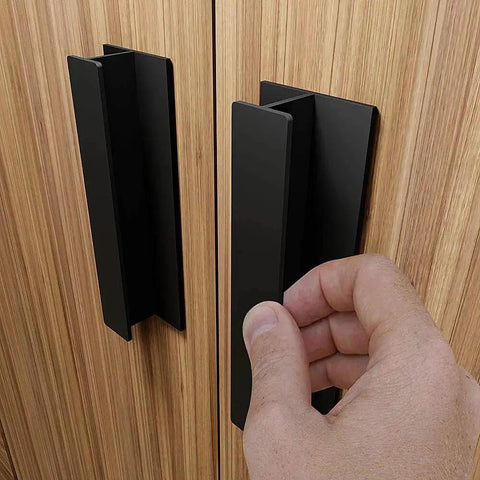 Self Adhesive Edge Finger Pull Door Handle 2 Pack Peel And Stick No Drill Installation on wood cabinet with hand using handle