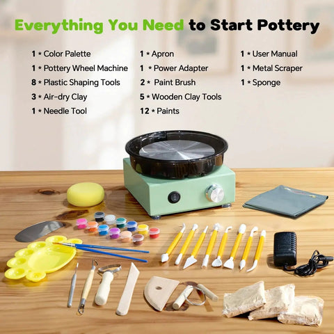 Mini Pottery Wheel Kit With 6 Inch Turntable Two Way Rotation Metal Frame And Removable Splash Tray Includes 18 Piece Sculpting Tools Ceramic Craft Machine Kid Friendly For Beginners on a wooden table with tools.