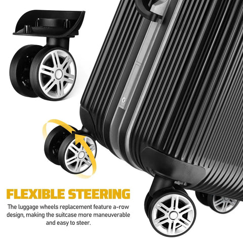 4 Pcs Universal Suitcase Wheel Replacement Set heavy duty luggage casters quiet dual row design black installed on suitcase