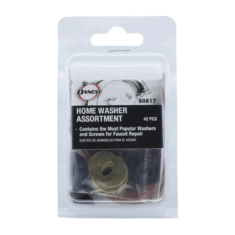 Home Washer Repair Kit With 42-Piece Rubber Washer Set in a clear package, varied metric and inch sizes for leaks and fixes.