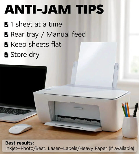 Inkjet and laser printer with anti-jam tips, showing placement for premium printable vinyl sticker paper for inkjet and laser printers.