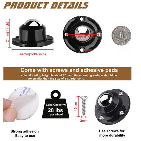Diagram showing Heavy Duty 1 Inch Self Adhesive Caster Wheels Four Pack for Furniture and Appliances, with screws and load capacity details