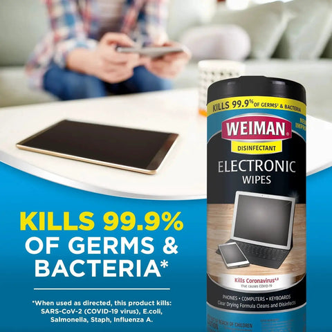 Electronic Screen Cleaner Wipes 4 Pack For Laptops Computers And TVs Kills Germs with packaging and tablet in background