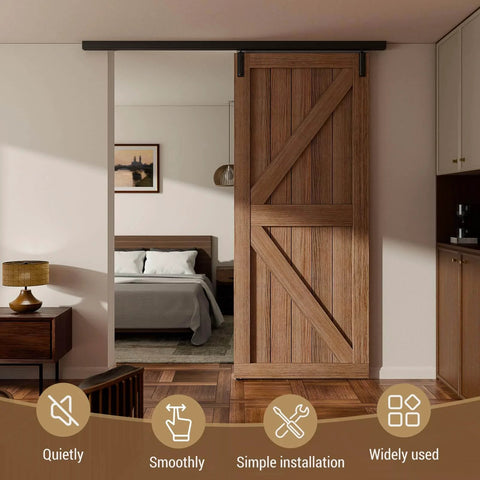 Heavy Duty 5 Foot Ceiling Mount Box Rail Barn Door Hardware Kit For Single Door No Fuss Sliding Track System Aluminum Alloy Easy Install Fits Openings Up To 26 Inches And Doors Up To 30 Inches Wide 25 To 46 Mm Thick showing installed barn door.