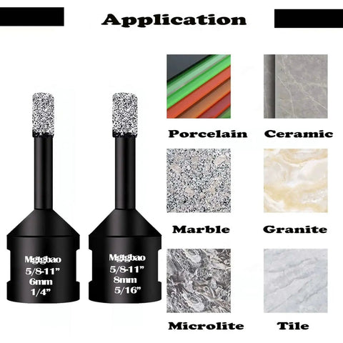Dry Diamond Core Drill Bits For Porcelain Tile Granite Marble Glass Vacuum Brazed Hole Saw Kit shown with application examples.