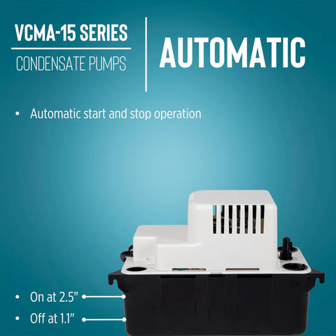 VCMA-15UL condensate pump with white housing on black base and a 6-ft cord for HVAC/refrigeration.