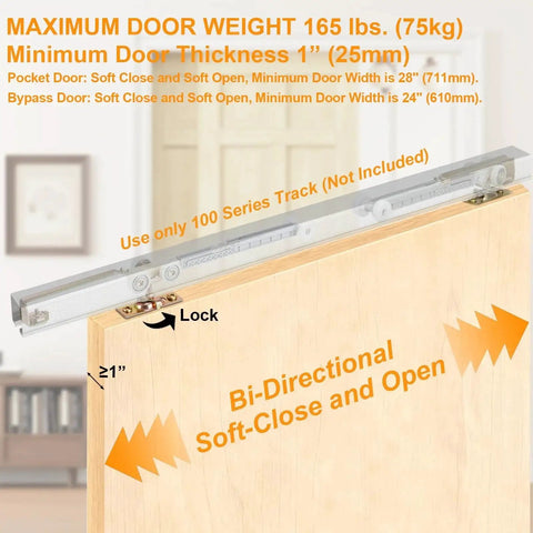 Bi-Directional Soft Close Sliding Pocket Door Rollers Kit With 1 Inch Ball Bearing Wheels, installed on wooden door.