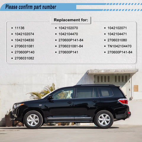 Side view of a black Toyota SUV with part numbers listed for Plug And Play Alternator Replacement For 3 5L V6 Toyota Cars And SUVs.