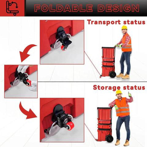 Packout Front Wheel Caster Kit For Milwaukee Packout Heavy Duty 200 Lb Capacity Steel Construction For Rolling Tool Box Flip Up Caster Wheel With Swivel Ball Bearings For Smooth Navigation And Reduced Strain shown in transport and storage status with a worker.