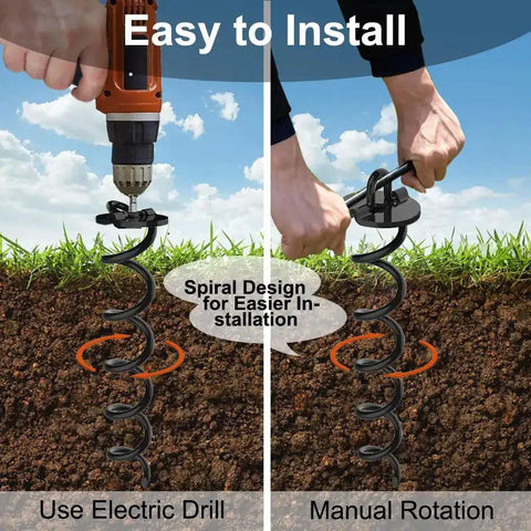 Four Piece Spiral Stakes Beefy Heavy Duty Ice Screw Anchors For Trampolines Tents Tarps Canopies Car Ports And Dog Tie Outs Plus Bonus Tie Down Straps Black being installed with drill and by hand