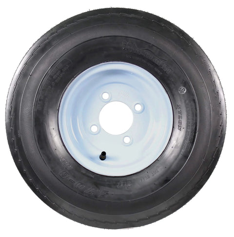 Front view of two pack trailer tire on rim for 570-8 5.70-8 8 inch white wheel load range C four lug pattern with two year warranty