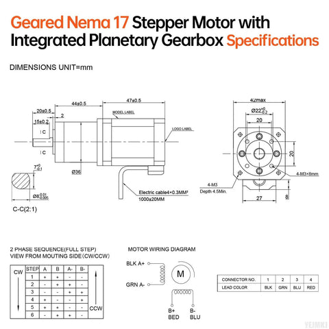 Technical specifications drawing of Geared Nema 17 Stepper Motor With Integrated Planetary Gearbox, showing dimensions and wiring diagram.