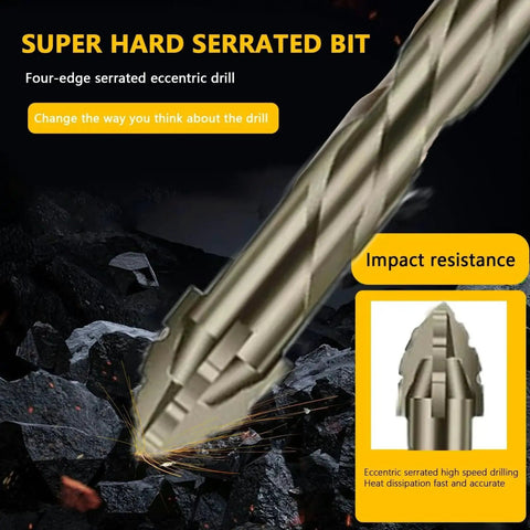 Close-up of heavy-duty, serrated 4-flute drill bit from 5 Piece 4 Tooth Eccentric Drill Bit Set for Concrete Glass Cast Iron Tile Wood and Metal Heavy Duty High Strength Hex Shank Short Bits Reduced Vibration Dry Drilling 6 6 8 10 12 mm