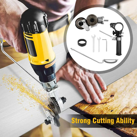 Person using Electric Drill Plate Cutter Attachment For Cutting Metal Plates 0.8mm Capacity Double Headed Sheet Metal Cutter with tools