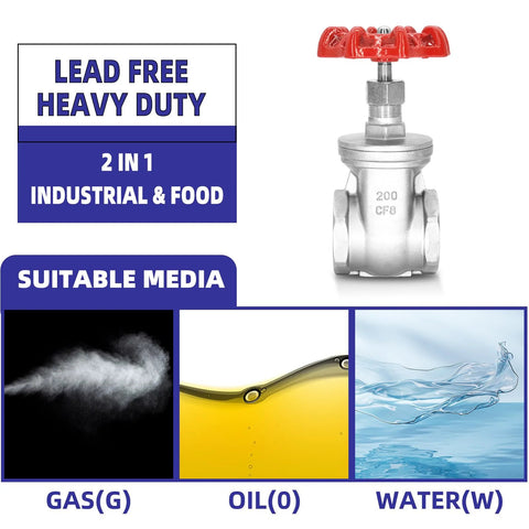 4-inch NPT stainless steel gate valve with red handwheel; female–female threads for water, oil, or gas.
