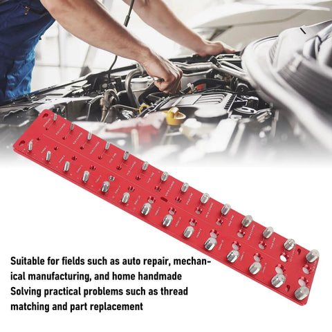 Nut And Bolt Thread Checker Set With 28 Hole Metal Gauge For Metric And Standard Threads in red, shown above an engine compartment.