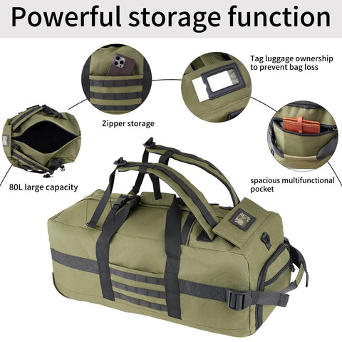 80L Rolling Duffel Bag With Wheels For Travel Large Wheeled Luggage Foldable Green with compartments for storage