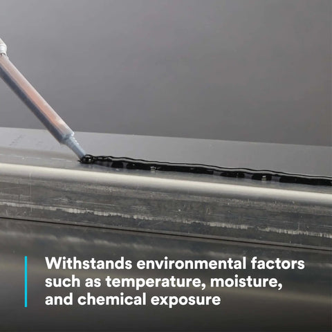 Application of Urethane Adhesive DP620NS Black 48.5 mL Duo-Pak on metal surface demonstrating weather resistance features.