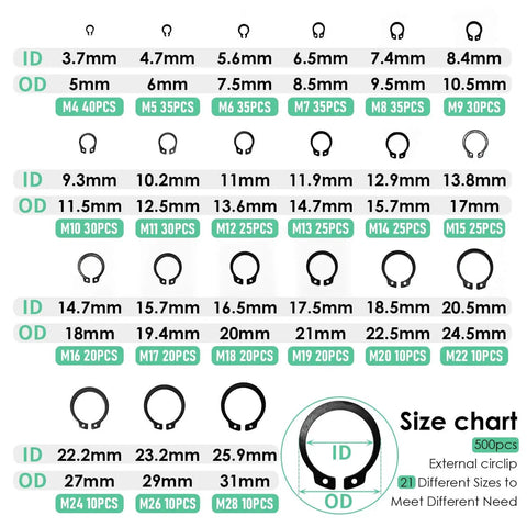 Size chart for 4 Piece Snap Ring Pliers With 500 C Clip Retaining Rings Set 7 Inch Internal External Circlip Pliers M4 To M28 Retaining Rings All In One Kit For Automotive Machinery DIYers And Pros