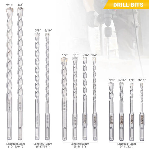 17 Piece SDS Plus Rotary Hammer Drill Bits And Chisel Set With YG8C Carbide Tips for concrete, brick, and stone projects.