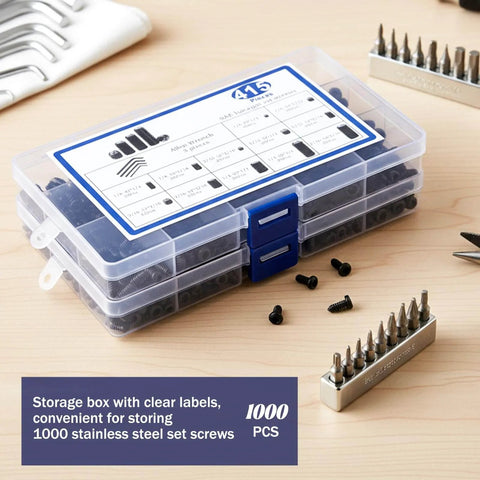 1000-piece Alloy Steel Socket Hex Set Screw Kit With Cup Point Allen Head Grub Screws in organized storage case