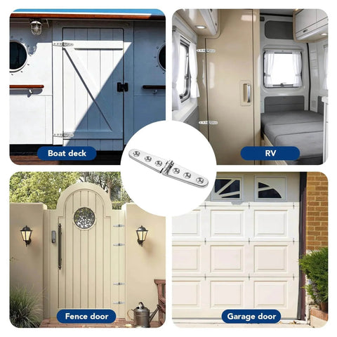 Heavy Duty Flat Strap Hinge Symmetrical Marine Grade 316 Stainless Steel For Boat Hatches Toolboxes Doors And Gates 6 By 1.18 Inch 2 Pack Corrosion Resistant Ideal For Saltwater Environments shown used on boat deck, RV, fence door, garage door.