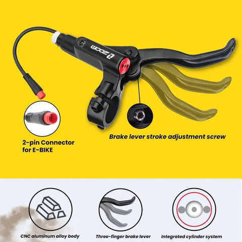 Zoom e-bike hydraulic brake lever with 2-pin connector, CNC aluminum body, three-finger lever.