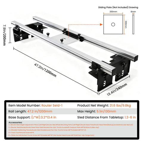 47.2 Inch Router Sled For Flattening Slabs, 3 Axis Adjustable, shown with aluminum rails for precise woodworking.
