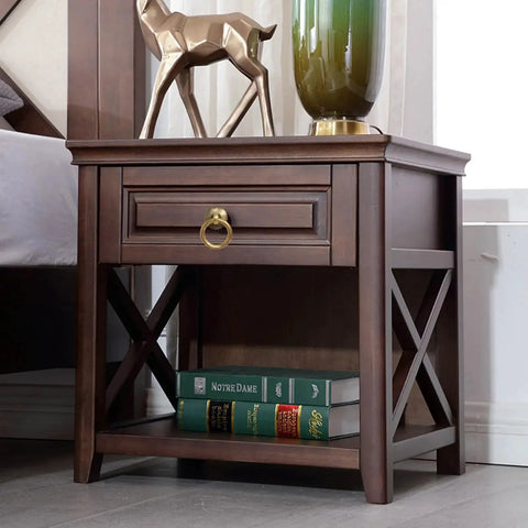 Wooden nightstand with vintage style antique bronze brass drawer ring pulls set of 6 with screws, drop ring handles visible on drawer