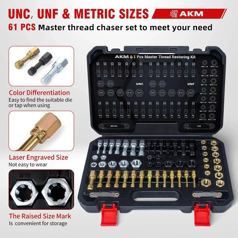 Thread Restorer Kit 61Pcs With UNC UNF Metric Chasers And Pitch Gauge in a black carrying case, open display