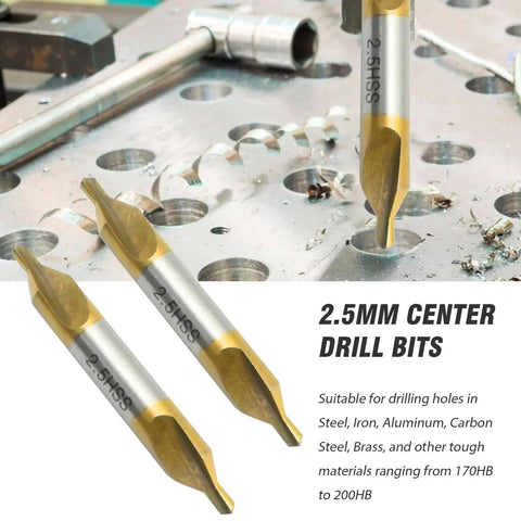 2.5mm Center Drill Set for Metal Fabrication, 10 Pc M2 HSS TiN Coated with 60 Degree Chamfer and Centering, close-up view