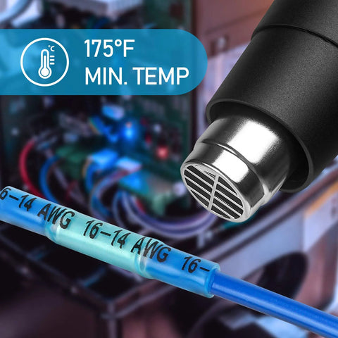 Heat shrink butt splice connector with insulated metal crimp on blue 16-14 AWG wire