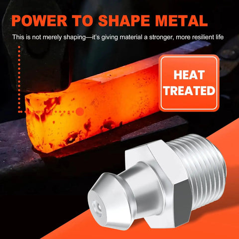 All In One 505 Piece Grease Fittings Kit showing heat-treated steel for durability with 90 degree elbow in zinc plated finish