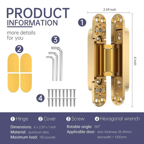 4 Pack 6 Inch Invisible Door Hinges For Concealed Doors Zinc Alloy 180 Degree Swing Adjustable 3 Way Butt Silent Door Hinge Gold Finish