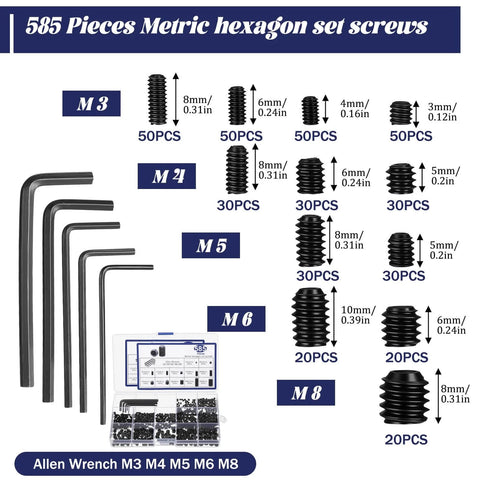 Alloy Steel Socket Hex Set Screw Kit With Cup Point Allen Head Grub Screws, Metric M3 To M8, 585-piece assortment with hex wrenches