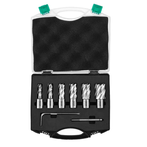 Premium Magnetic Drill Annular Cutter Set With Six Pieces Weldon Shank Bits For 1 Inch Cutting Depth And 1/2 To 1 1/16 Inch Cutting Diameter Made From M2AL High Speed Steel With Pilot Pin And Portable Case VEVOR Compatible shown in a portable case.