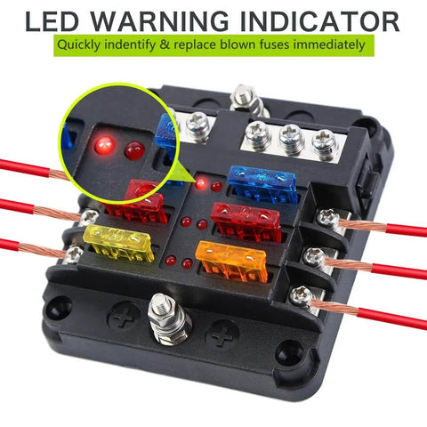 Waterproof 6 Way Fuse Block With Ground Negative Busbar, 100 Amp Max, LED Indicator, 12-24V DC with colorful fuses and wires