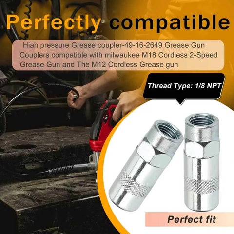 Two chrome grease gun coupler tips, 1/8 NPT thread, compatible with Milwaukee M18/M12 cordless grease guns.