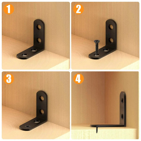Black Stainless Steel L Brackets Set of 18 With 72 Screws Storage Tin installation images on corner of wooden furniture.