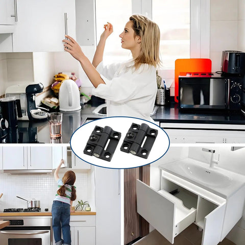 Two Pack 43mm By 36mm Adjustable Position Control Folding Door Hinges With Four Countersunk Holes And Screws Black Durable Hardware For Cabinets And Interior Doors No Fuss Easy Install shown in use on kitchen cabinets